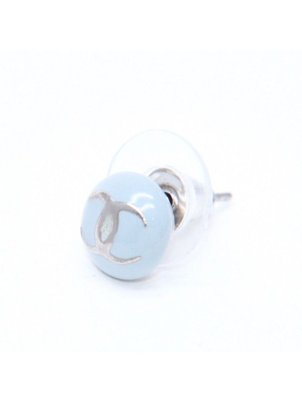 Chanel CC Logo Round Stud Single Earrings 03C Stamp Blue Silver Metal Resin